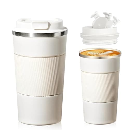 Image of Senshuomy Travel Mug, Insulated Coffee Cup with Leakproof Lid, Reusable Coffee Cups Travel Cup, Stainless Steel thermaol Mug for Hot Cold Drinks (White 380ml)