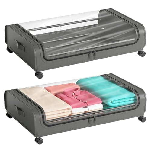 Image of 2 Pack Under Bed Storage with Wheels Lid 48L Rolling Metal Frame Underbed Containers Clear Window Storage Bag Box Organization Home Bedroom Organizer Drawer Bin for Clothes Shoes Toys Blankets Grey
