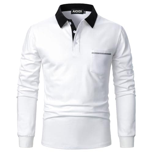 Image of AIOIDI Polo Shirts for Men Adults Long Sleeves Cotton Tops Golf T-Shirts with Real Pocket White L