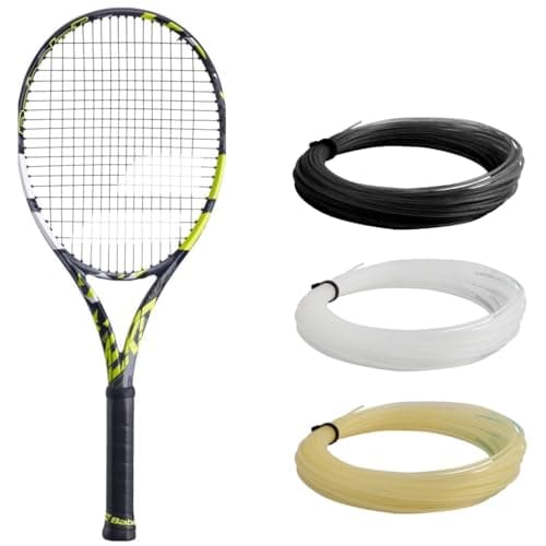 Image of Babolat Pure Aero + Tennis Racket - Threaded with Babolat Syn 16g Medium Tension White Gut (4 1/8" Socket)