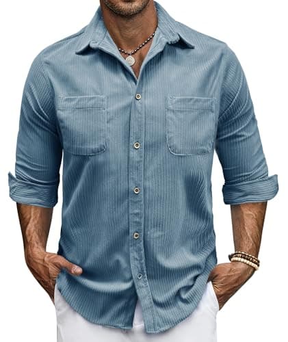 Image of Daysskk Mens Corduroy Button Down Shirts Long Sleeve Casual Shacket Jacket with Pocket Autumn Jacket for Men Blue M