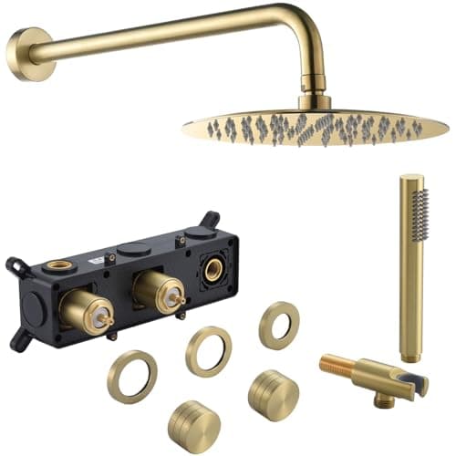 Image of Brushed Gold Brass Concealed Shower Mixer Set, Bathroom 12 Inch Rainfall Shower Head Kit, Luxury Wall Mounted Round Handwheel Handles Rain Handheld Valve System 2 Functions