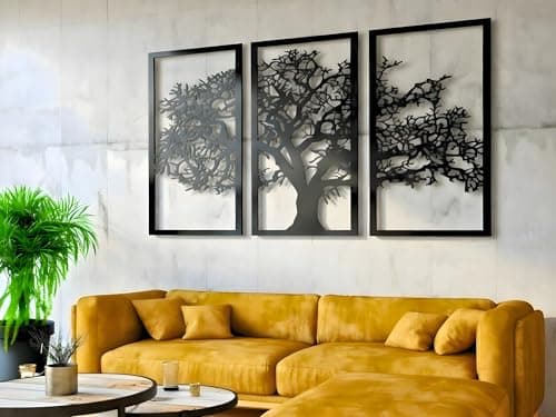 Image of Vailla Tree of Life Wall Art Wall Decor for Bedroom Living Room Kitchen Office Set of 3 Wood Wall Hanging Black Family Tree Wall Art Large Wall Decoration Modern 3D Textured Wall Sculptures