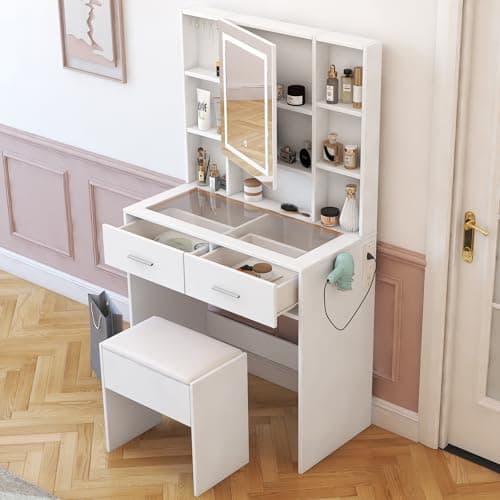 Image of Karl home White Dressing Table with LED Mirror and Stool Set, Vanity Table w/Jewelry Hook & Charging Socket, Transparent Glass Tabletop Makeup Desk with 2 Drawers & Shelves for Bedroom Organiser