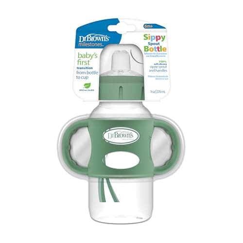 Image of Dr. Brown's Milestones Wide-Neck Sippy Bottle with 100% Silicone Handles, Easy-Grip Bottle with Soft Sippy Spout, 9oz/270ml, 6m+, Khaki Green, 1-Pack, BPA Free