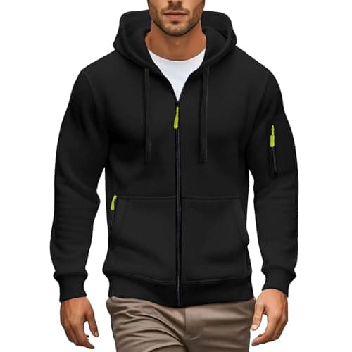 Image of Men'S Hoodies Casual Pullover Fleece Hooded Sweatshirt Long Sleeve Full Zip Hoody Tops With Kangaroo Pocket Plain Comfortable Hoody Hooded Top Drawstring Work Sweatshirts S-3Xl