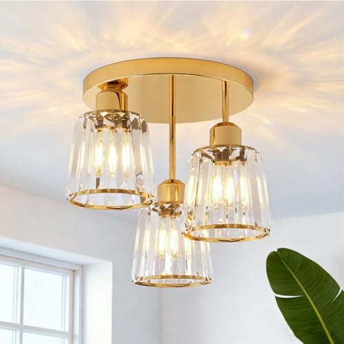 Image of ANWIO Gold Ceiling Light,Chandelier Ceiling Lights,3 Light Fittings,Kitchen Lights Ceiling,Ceiling Lights Living Room,E27 Light Shade Ceiling,Morden Crystal Ceiling Lighting,(LAMP DIAM 25CM
