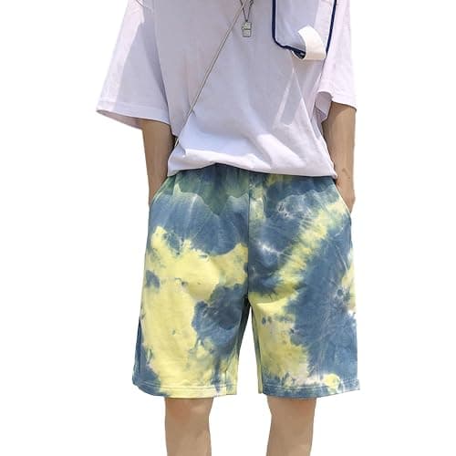 Image of Gsywaipei Mens Drawstring Tie Dye Shorts Straight-Fit Beach Short Pockets Elastic Waist Regular Colors Blend Short, Blue, X-Large