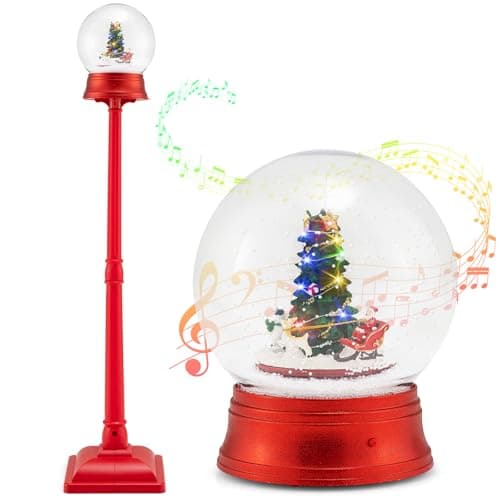 Image of COSTWAY Christmas Street Lamp, Musical Festive Lamp Post with LED Lights, Snowy Effects and Santa Scene, Snowing Santa Lamp for Home, Doorway and Porch (153cm, Globe Shaped with Reindeer, Red)