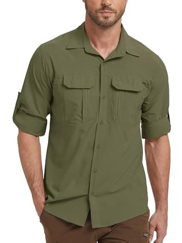 Image of Peysuck Men's Safari Shirts Long Sleeve UPF 50 Sun UV Protection Button-Down Shirt Quick Dry Lightweight Hiking Shirts for Fishing Walking Golfing Camping Olive Green