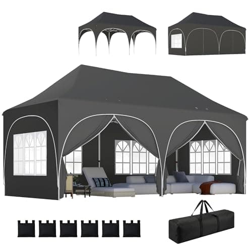 Image of Outsunny 3 x 6m Pop Up Gazebo with Sides, 6 Sandbags, Peak Top Height Adjustable Outdoor Garden Party Tent Marquee Wedding Awning Canopy Instant Event Shelter with Carry Bag, Windows, Dark Grey