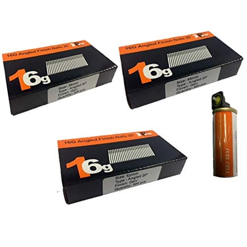 Image of 38mm + 45mm + 50mm 16g Angled Nails, 3 x 500 Pack + 1 x Fuel Cell for Paslode