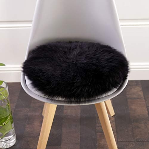 Image of HC&WT Round Sheepskin Seat Cushion, Luxurious Fur Chair Pad Super Soft Car Seat Cover Non-Slip Natural Wool Rugs Office Desk Chair Stool Cushion (Black,Diameter 40cm (15.7inch))