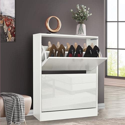 Image of High Gloss White Shoe Cabinet with 2 Drawer, Pull Down Wooden Shoe Storage Organizer Cupboard Shoes Rack Cabinet Freestanding Footwear Rack Stand Hallway, Entryway, Living Rooms 60W x 24D x 80H cm
