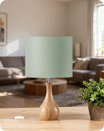 Image of GOEBLESON Small Table Lamp, Wood Desk Lamp with Bottle-Shaped Base and Linen Lampshade, Bedside Lamp with Cable, E27 LED Bulb Included, for Living Room, Bedroom, Sage Green and Natural ZMJ09TLK05