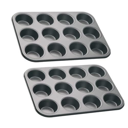 Image of Eidoct 2 Pack 12 Hole Muffin Tray with PFOA Non Stick, Robust 1mm Carbon Steel, 35 x 27cm Cupcake Tin, Non Stick Sturdy Cupcake Baking Muffin Tray Yorkshire Pudding Baking Pan