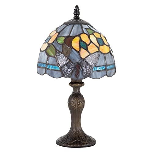 Image of Happy Homewares Stylish Dark Purple Stained Glass Butterfly Tiffany Lamp with Amber Roses and Sky Blue Water Glass Strips | 35cm x 19cm | Bronze Metal Alloy Base with Inline Switch