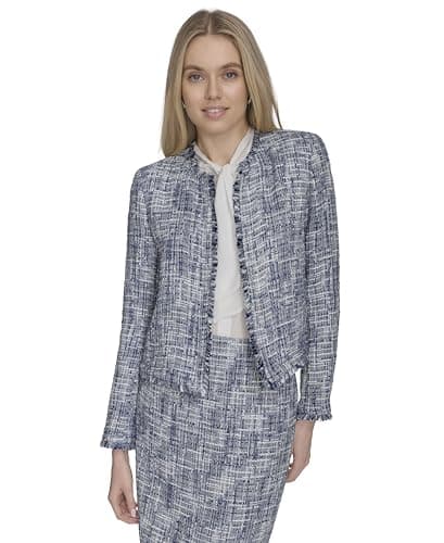 Image of Calvin Klein Women's Open Front Tweed Suit Jacket Blazer, Cream-Coloured, 18