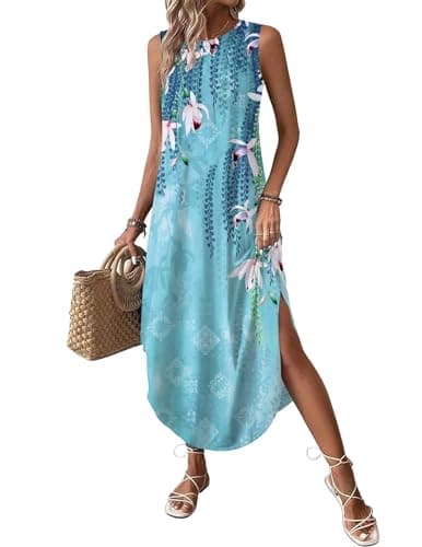 Image of Zeagoo Women's Summer Dress Elegant Crew Neck Sundress Floral Sleeveless Beach Dress Loose Casual Long Dresses with Split and Pockets Blue Flower XXL