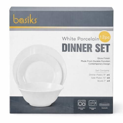 Image of White Porcelain Dinner Set 12 Piece | 4 Dinner Plates 9", 4 Side Plates 7.5", 4 Bowls 7" | Dishwasher & Microwave Safe