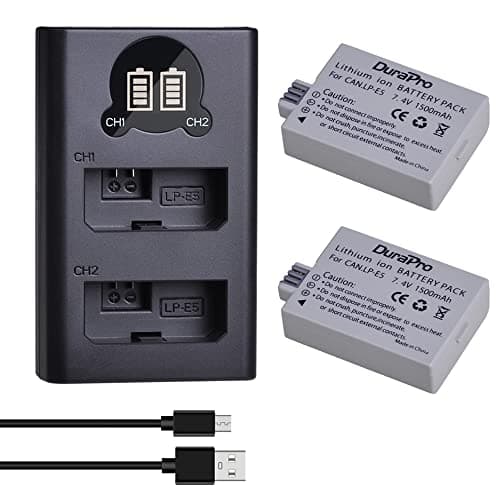 Image of DuraPro 2Pcs LP-E5 Battery + LED USB Dual Charger with Type C Port for Canon LP-E5 and Canon EOS Rebel XS, Rebel T1i, Rebel XSi, 1000D, 500D, 450D, Kiss X3, Kiss X2, Kiss F Cameras