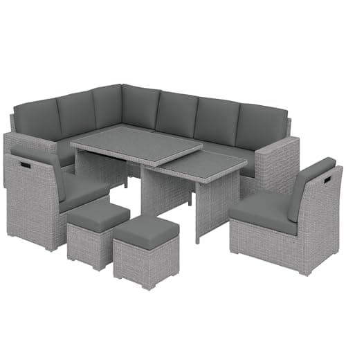 Image of Outsunny 10 Seater Rattan Dining Set with Expandable Table and Nesting Chairs, Rattan Garden Furniture Set with Cushions, Outdoor Dining Table and Chairs, Sectional Corner Sofa Set, Light Grey
