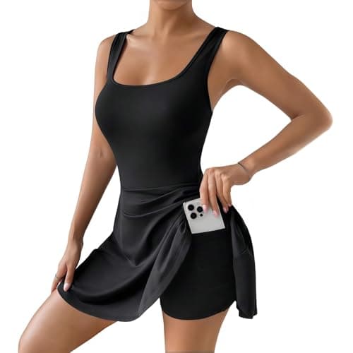 Image of SamHeng Tennis Dress with Shorts Women Sleeveless U Neck Short A Line Skater Golf Dresses with Pocket Running Fitness Workout Exercise Athletic Active Sports Dresses Black/M