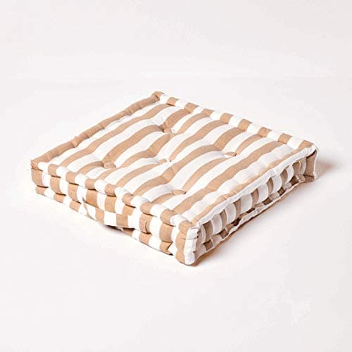 Image of HOMESCAPES - Thick Stripe Beige - 100% Cotton - Large Floor Cushion - Mink Natural - 50 x 50 x 10 cm Square - Indoor - Garden - Dining Chair Booster - Seat Pad Cushion