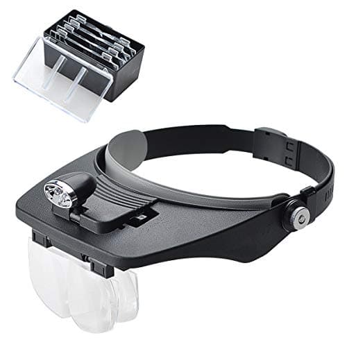 Image of COVVY Headband Magnifier with 2 LED Light,Handsfree Headset Loupe Head Mounted Magnifying Glasses with 4 Detachable Lenses for Reading,Electronic Repair,Jewelry,Sewing,Crafts,Watch (Black)