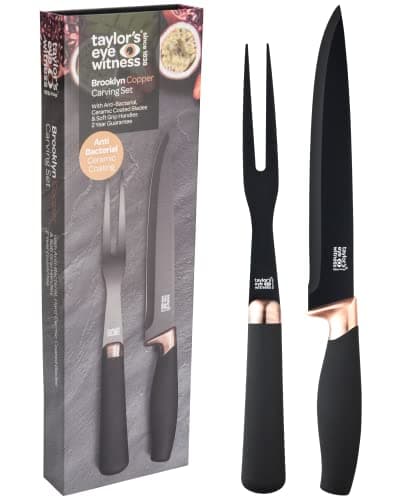 Image of Carving Knife & Meat Fork Set - 20cm/8 Inch Classic Black Plated Blade. Strong, Stylish Two Prong Fork for Professional Chefs & Home Cooks. Copper Bolster. Soft Grip Handle. Taylors Eye Witness