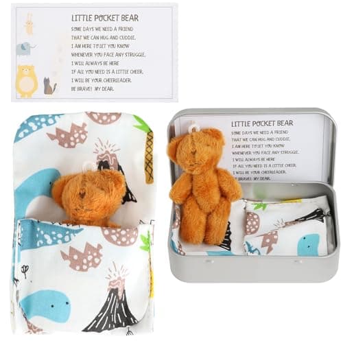 Image of Mini Pocket Hug Teddy Bear with Tin Box, Soft Plush Worry Bear Small Comfort Doll Cute Tiny Teddy Fun Positive Gift for Anxiety Relief Graduation Valentine’s Day Birthday Thinking of You, Brown