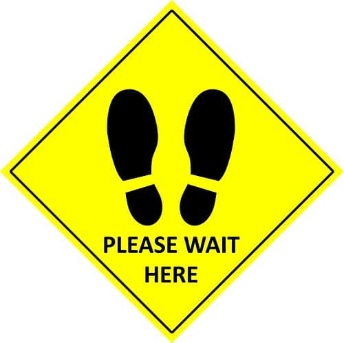 Image of Please wait here social distancing safety sign - 300mm x 300mm Self adhesive sticker floor graphic