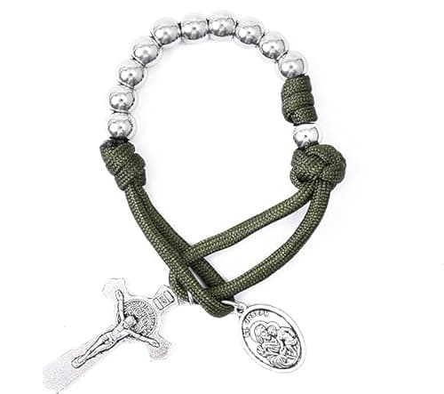 Image of Nazareth Store Olive Military One Decade Paracord Rosary Silver Beads Pocket Car Rosary Pray For Us St. Joseph Medal & St. Benedict Cross