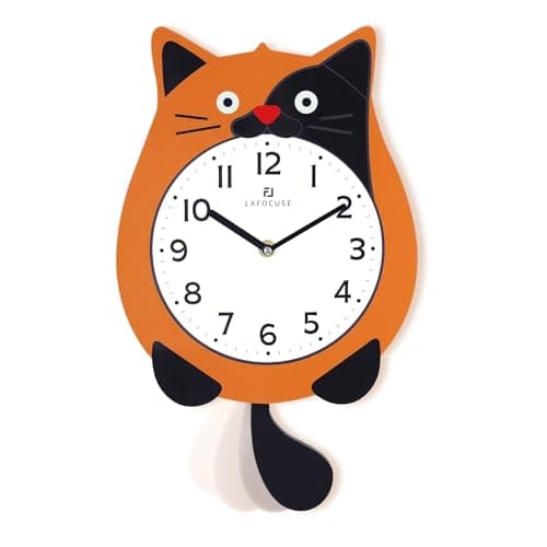 Image of Lafocuse Cat Wall Clock with Swinging Tail, Cat Pendulum Clocks for Kids, Fun Kid Wall Clocks Orange Analog Battery Operated for Children Bedroom Living Room Decor, 40 x 23.5 cm