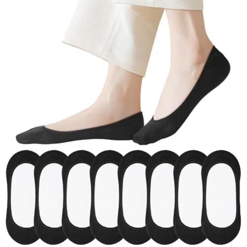 Image of OFFCUP No Show Socks Women, 8 Pairs Ladies Invisible Sock, Non Slip Ultra Low Cut Liner Boat Loafer Sock, Cotton Breathable Footsies Shoe Socks for Loafers Flats Pumps Trainers UK 4.5-7 (Black)