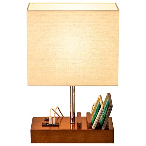 Image of Briever USB Bedside Table Lamp, Desk Lamp with 3 USB Charging Ports and Phone Charge Dock, Walnut Wood Charging Station and Organizer, Perfect Light for Bedroom, Guest Room, Living Room, Office