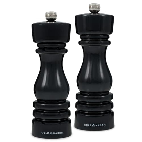 Image of Cole & Mason London Black Gloss Salt and Pepper Mill Set, Precision+ Carbon/Ceramic Mechanisms, Salt and Pepper Grinders with Adjustable Grind, Beech Wood, 180mm, Gift Set