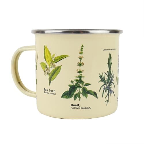 Image of Gift Republic Herbs Enamel Mug, Outdoor Camping Cup, 500 ml Metal Coffee Cup Herb Plant Design Gift Idea