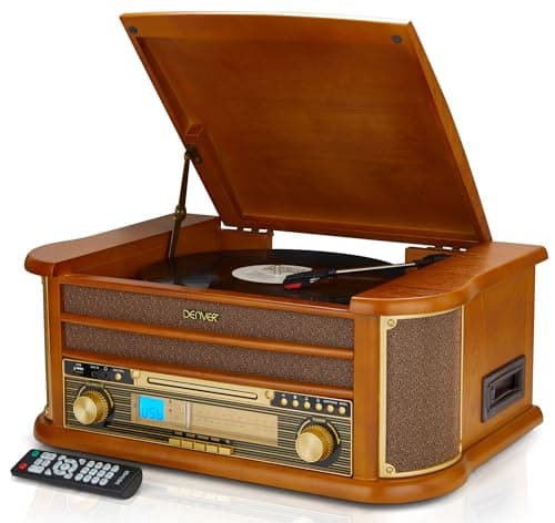 Image of Denver 9-in-1 CD Bluetooth Cassette Player Retro Wooden Record Player HiFi System – 3 Speed Vinyl Turntable & Cassette With CD Player, FM/AM Radio, MP3 USB Recording, AUX IN And Line Out – MCR-50BT