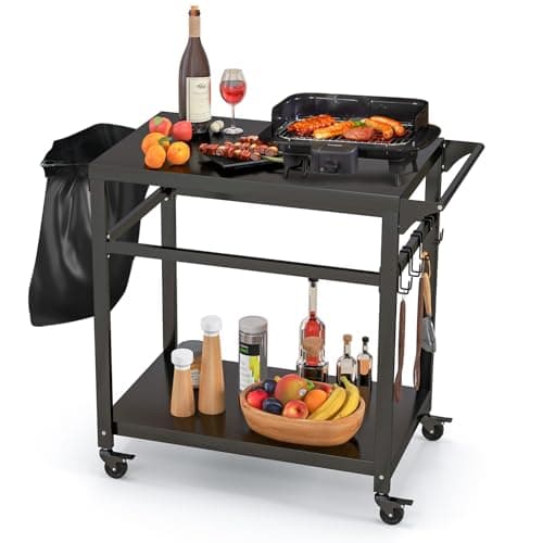 Image of COSTWAY Outdoor Grill Dining Cart, 2/3-Shelf Movable Pizza Oven Table Stand with 4 Lockable Wheels, Hooks and Side Handle, Portable BBQ Trolley for Backyard Patio Garden (2-Shelf, 108 x 50 x 88 cm)