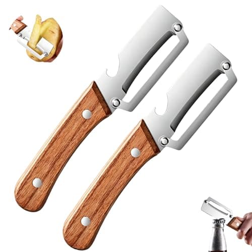 Image of 2PCS Multifunctional Vegetable Peeler, Zero Snag Wooden Peeler, Stainless Steel Peelers for Kitchen with Bottle Opener, Ergonomic Non-Slip Wooden Handle for Potato Fruit Veg (A)