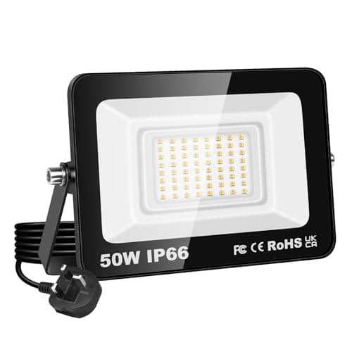 Image of PICAA 50W LED Flood Light, IP66 Waterproof Super Bright 5000LM Security Light, 3000K Warm White Outdoor Wall Light for Garden Yard Garage Patio Warehouse with UK Plug (1PCS)