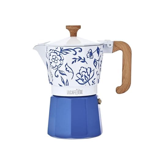Image of La Cafetière Venice 6 Cup Espresso Maker, 290ml Aluminium Stovetop Coffee Maker with Floral Design, Gas and Electric Hob Moka Pot with Wooden Handle, Blu Fiorato