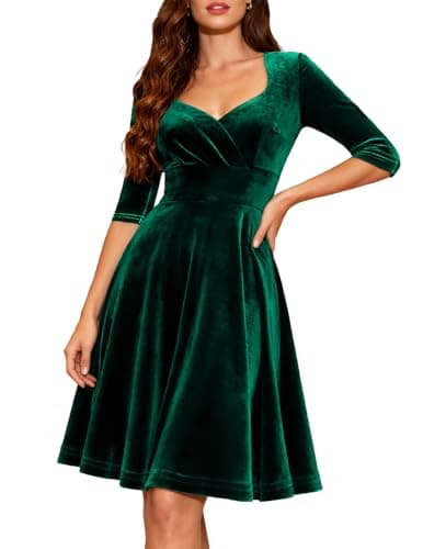 Image of Fynadressr Womens Formal Cocktail Wedding Guest Dresses Long Sleeve Velvet halloween Dress A Line Formal Church Tea Dress Dark Green XL