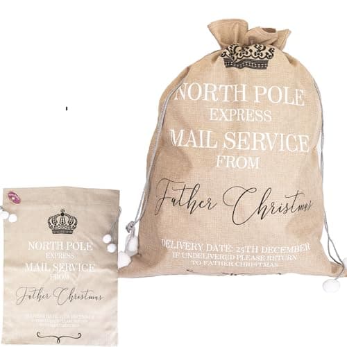Image of Extra Large Santa Sack 60x80 cm – Hessian Beige North Pole Express Mail Service Stocking Gift Bag with Drawstring, Christmas Accessories