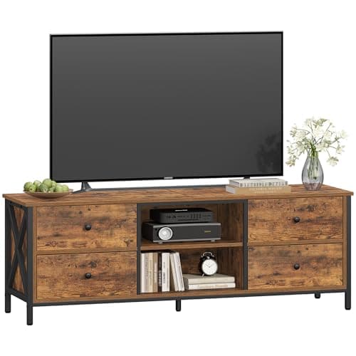 Image of Hzuaneri TV Stand Cabinet up to 65 Inch, TV Unit with 4 Drawers and 2 Open Shelves, TV Console Table for Living Room, Bedroom, Entertainment Room, Industrial, 40 x 147 x 50 cm, Rustic Brown TV16801B