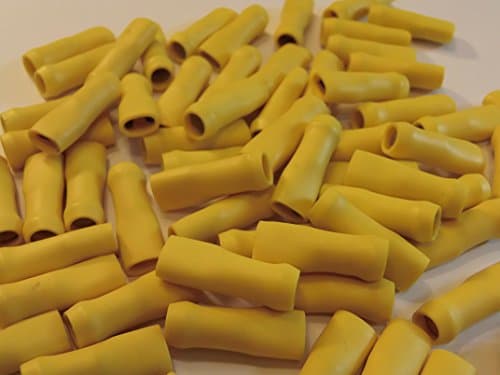 Image of yellow 6.3 insulated terminal push on connector female spade crimps 25 50 100 pack (25)