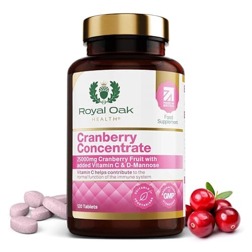 Image of Premium Cranberry Concentrate 25,000mg with D-Mannose & Vitamin C |4 Month Supply x120 Tablets | Non-GMO, Gluten Free, Cranberries Fruit Extract Supplement for Women| UK Made by Royal Oak Health