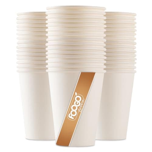 Image of FOOGO Green 100pcs 12oz Disposable Strong Single-Wall White Paper Coffee Cups, FSC® Certified, Fully Compostable, Takeaway, Paper Cups for Hot Drinks, Parties, Eco-Friendly