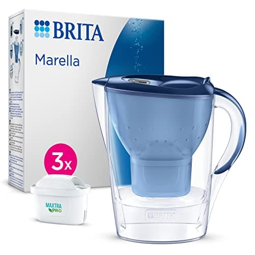 Image of BRITA Marella Water Filter Jug Blue (2.4L) Starter Pack incl. 3x MAXTRA PRO Pure Performance cartridge - fridge-fitting jug with digital LTI and Flip-Lid - now in sustainable Smart Box packaging